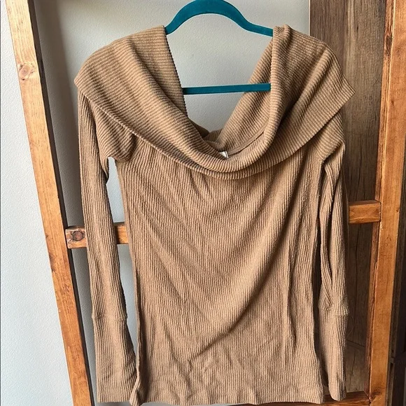 Free People Snowbunny Brown Ribbed Knit Off-the-Shoulder Sweater Top - Picture 5 of 10